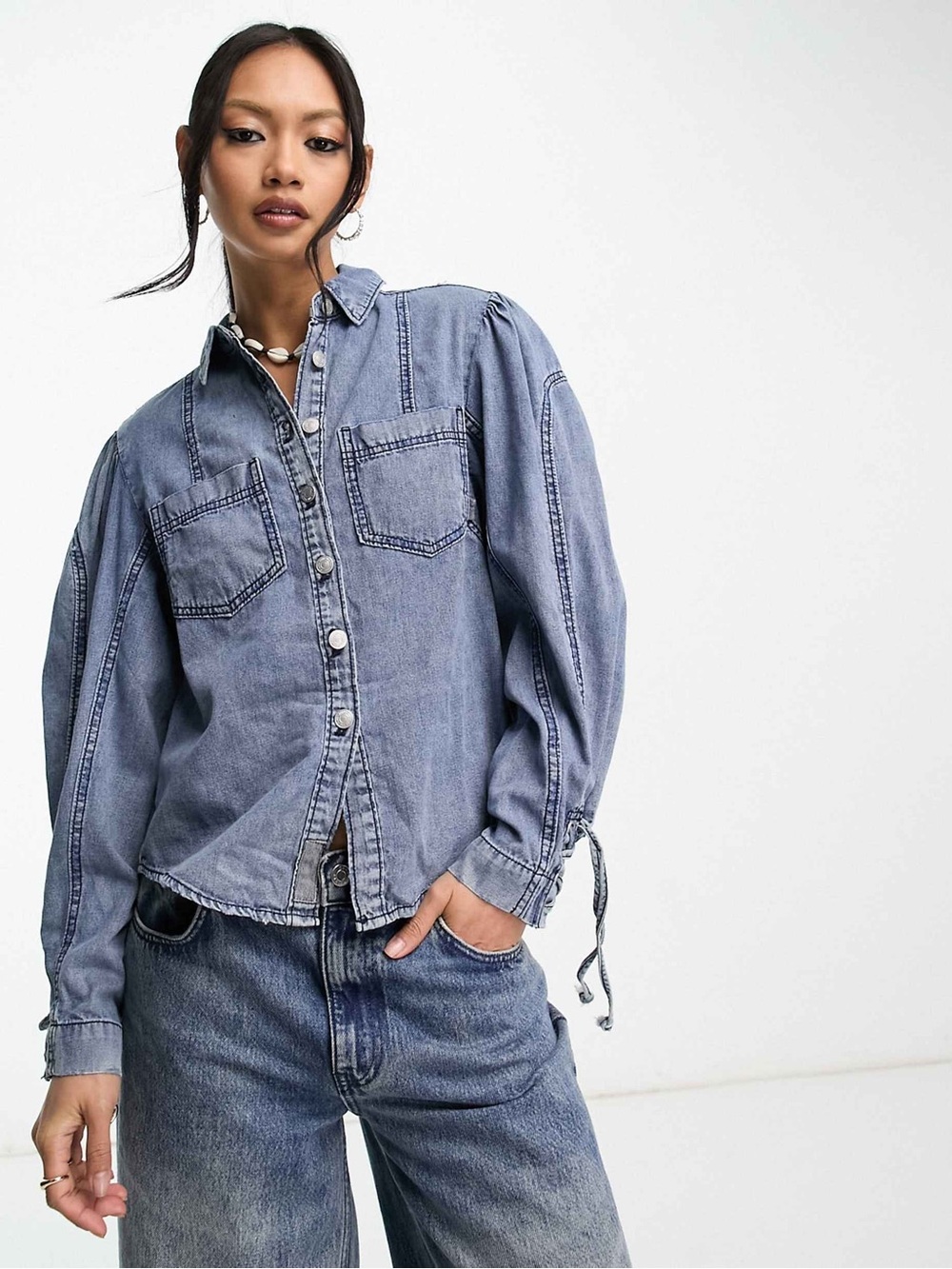 Free People We The Free Micah Blue Puff Sleeve Denim Top - size XS, 100% cotton
